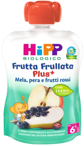 HIPP BIO FRUTTA FRULLATA PLUS MELA PERA FRUTTI ROSSI CON FERRO 90G